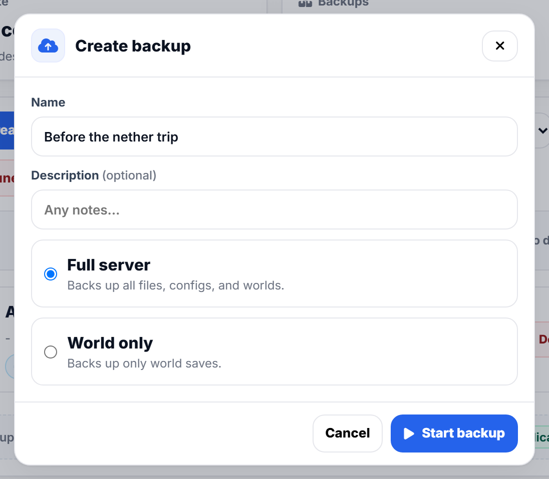 Naming a backup