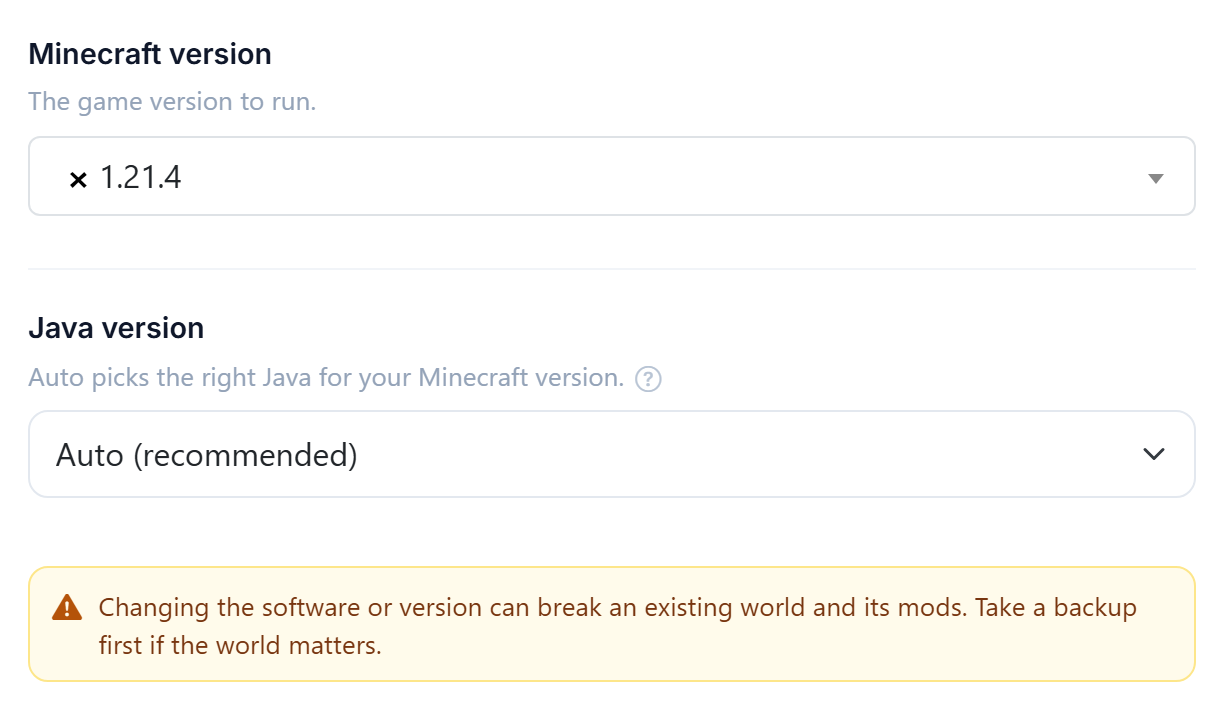 The version and software section
