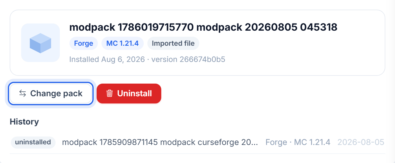 The installed pack, with Change pack and Uninstall