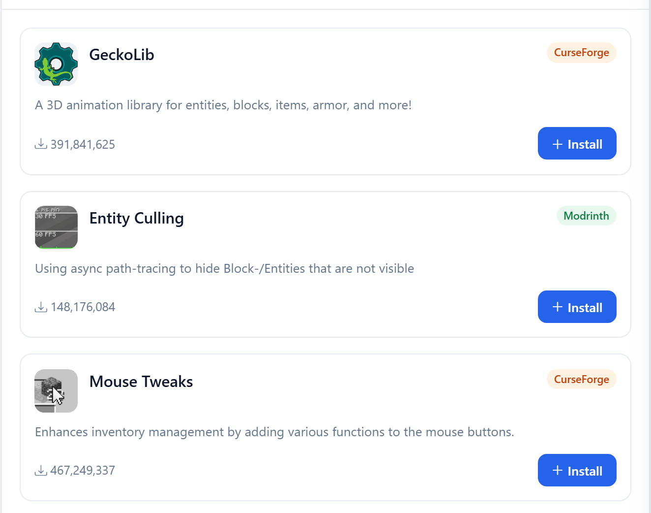 Search results from CurseForge and Modrinth